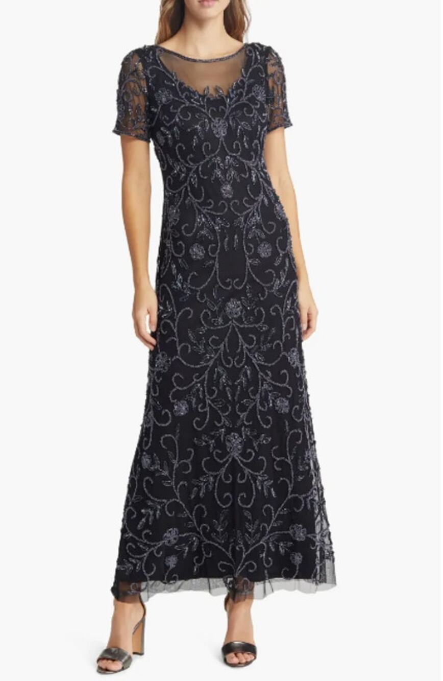 PISARRO NIGHTS Floral Beaded Mesh A-Line Gown Size 10 Ash Gray Short Sleeve NWT